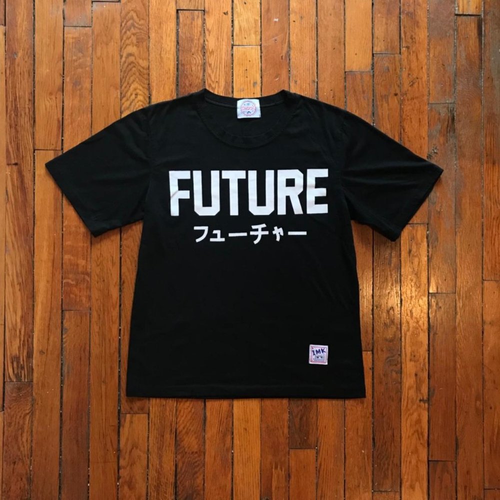 Rare IMOOK IMK Japanese Designer Women Black Spell Out Future Double Side TShirt